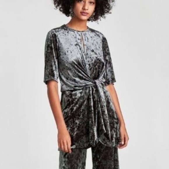 ZARA CRUSHED VELVET FRONT KNOT TUNIC DRESS IN GUNMETAL GRAY - Picture 5 of 5